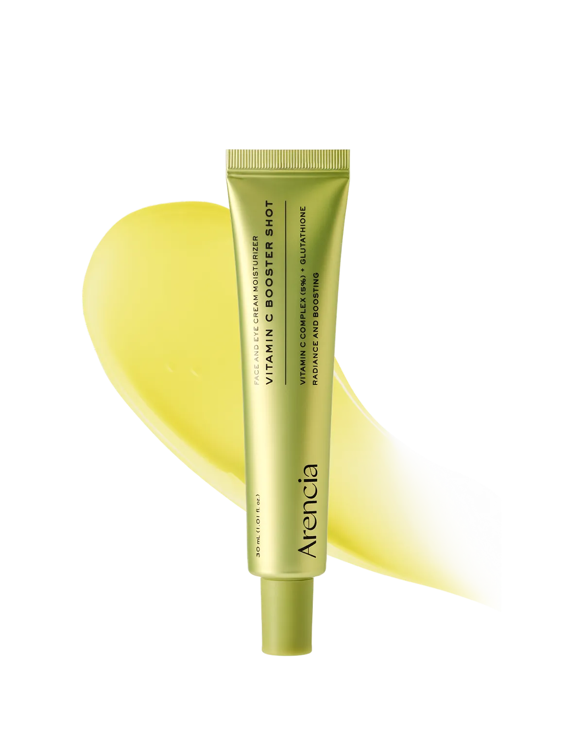 Arencia Vitamin C Booster Shot, 30 ml green-gold tube with a swatch of the yellow cream